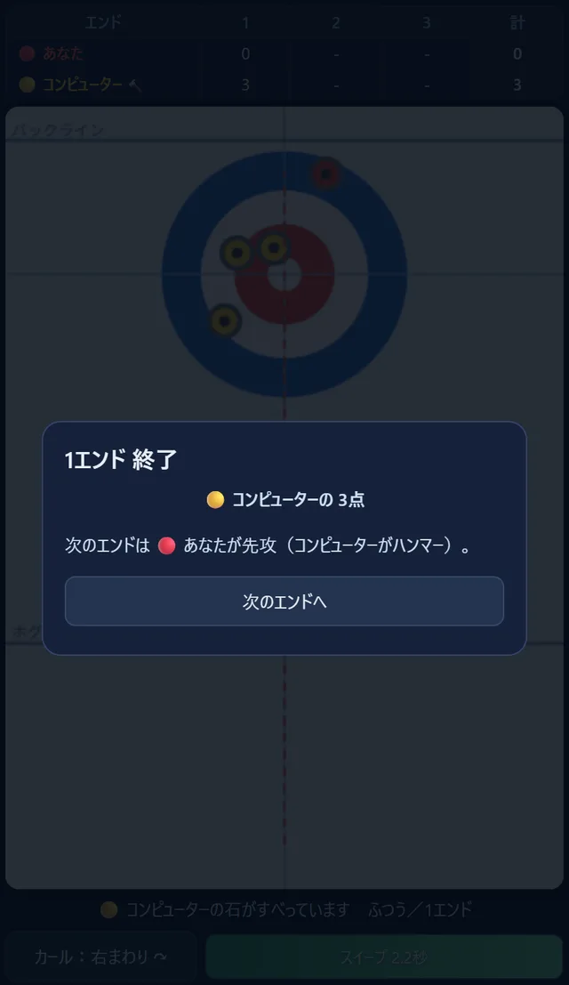 ぷちカーリングで1エンドが終わり、コンピューターの3点と出た画面