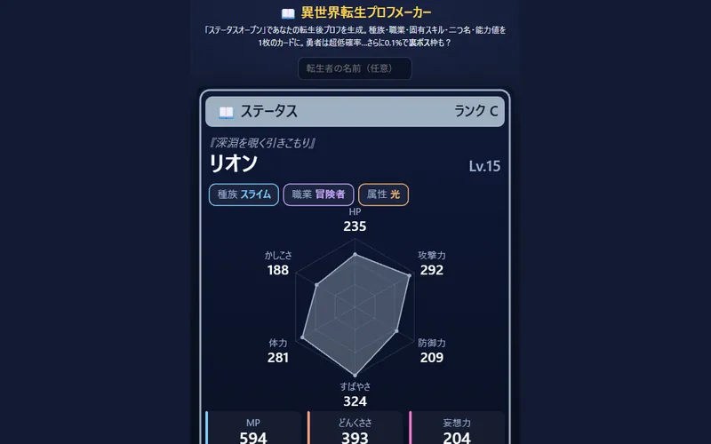 異世界転生プロフメーカーのプレイ画面